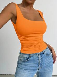 SHEIN PETITE Camiseta sin mangas de cuello cuadrado, verano, vacaciones, camiseta básica, camiseta para salir, camiseta naranja - Naranja Coral - Ver 3