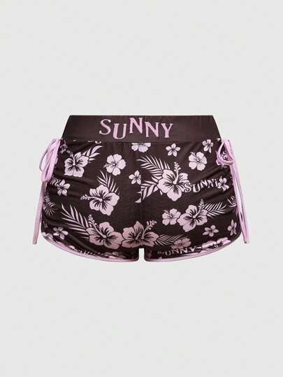 Fairycore Plus Size Y2K Vacation Hibiscus All-Over Print English Embroidered Mini Shorts