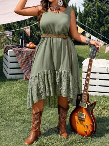 EMERY ROSE Plus Size Sleeveless Army Green Contrast Lace Asymmetrical Midi Flowy Dress,Dual Side Pockets,Casual Boho Summer Vacation Sage Green Dresses For Women - Army Green - View 5