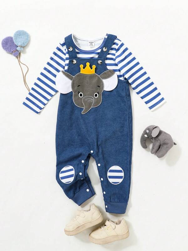 SHEIN Persoplay Kids Baby Boys' Striped Long Sleeve T-Shirt And Cartoon Embroidered Suspender Romper Set