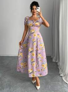 Modelyn Women Floral Print Raglan Sleeve Elegant Vacation Dress - Purple - View 3