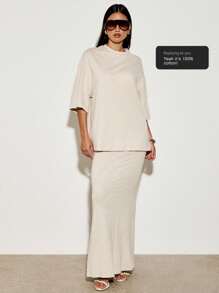 AiiRZ 奢华休闲套装平纹针织套装超大 T 恤长裙套装度假装时尚沙滩装夏季假日休闲优雅套装