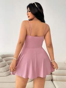 SHEIN EZwear 大码女式夏季/秋季休闲百搭工字背 A 字形荷叶边下摆连体短裤，带口袋 - 舒适弹力纯色面料，适合瑜伽、运动、学校、户外 - 淺粉色 - 查看 2