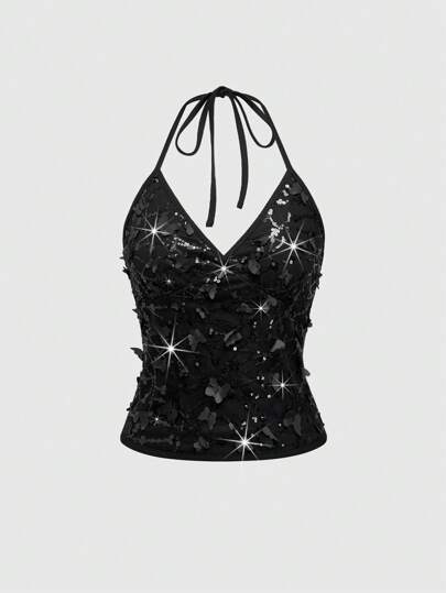 Kawaii Débardeur femme rétro à col bénitier avec papillons 3D brodés de style jardin de fée