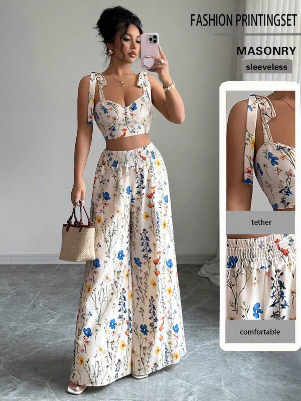 Elenzga Costum de vară pentru femei, stil de vacanță, cu imprimeu floral complet, încrucișat la spate, camisole și pantaloni largi cu talie și șnur