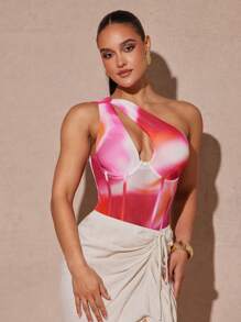 Silquee Summer Tie-Dye Printed One Shoulder Hollow Sleeveless Tight-Fitting Women's Bodysuit, Suitable For Romantic Dates, Going Out, Matching Pants And Skirts, Beach Vacation Bodysuits, Beach Outfits For Woman, Beach Vacation Outfits - Multicolor - View 4