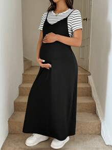SHEIN 2pcs/Set Maternity Stripe Round Neck Short Sleeve T-Shirt And Cami Dress Set, Summer Maternity Clothes Maternity Dresses Maternity Two Pieces Suit