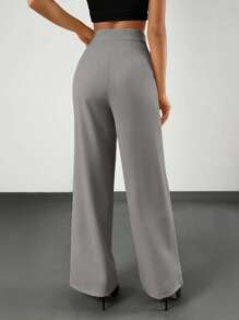 EURMUSE Elegant Style, Straight Leg, Half Leather Belt Detailed Pant - Grey - View 2