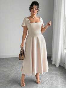 Elenzga Đầm tay ngắn cổ thuyền xẻ ngực, eo thắt chặt, viền loe, dáng rộng, dành cho nữ, đi làm văn phòng, đi chơi, tiệc trà chiều, mùa xuân/hè - Màu be - Xem 4