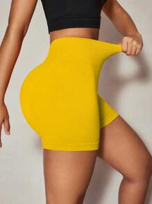 SHEIN Core Rhythm 女式褶皱腰性感提升瑜伽短裤，舒适弹力健身短裤 - 黃色 - 查看 4