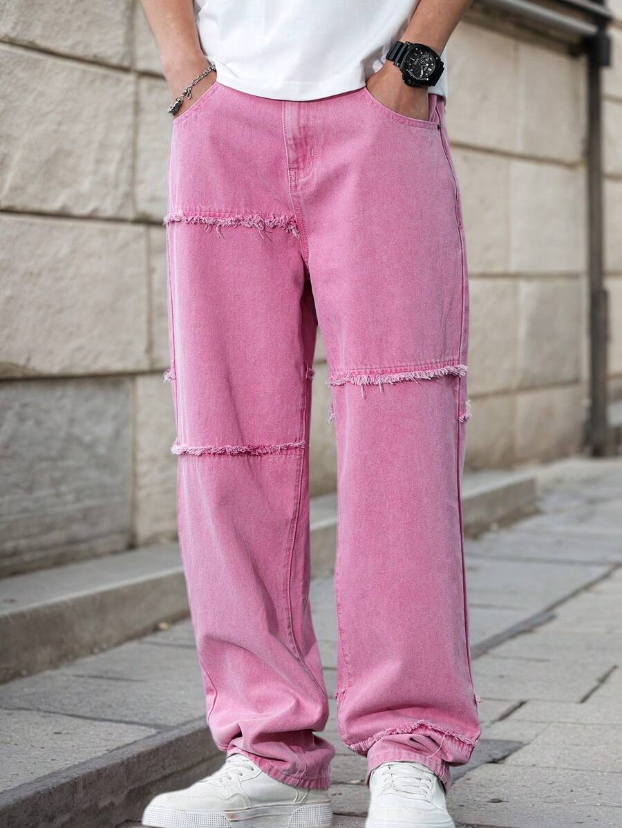 Manfinity Hypemode Men's Pink Denim Jeans Casual Modern Style Long Leg Zipper Fly Streetwear Pants - Pink - View 1