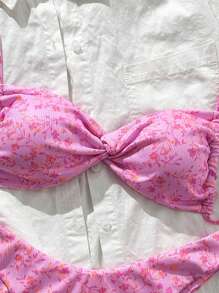 Swim Mod 2 件套，夏季假期随机印花罗纹细肩带抹胸粉色比基尼上衣和高腰泳裤性感泳衣 - 粉色 - 查看 4