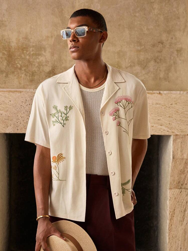 Elegant & Modern Floral Embroidery Linen-Like Men's Shirt Top, Spring/Summer