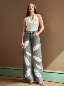 SHEIN BAE Jeans a vita bassa con stampa di piume, gamba dritta e morbida, casual e versatile per tutte le stagioni - Grigio - Visualizzare 6