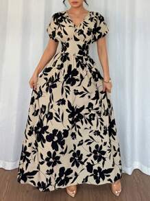 Elenzga Robe longue à encolure en V, taille cintrée, imprimé floral valorisant pour les femmes, printemps/été. Élégante pour les saisons printemps/été/automne/hiver. Vêtements pour femmes pour les concerts, élégants, robes de soirée. Convient pour le quotidien, les trajets, les saisons de mariage/festivals de musique. - Tabac - Voir 4