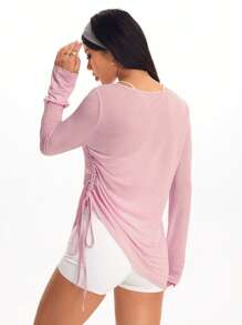 Sovereign Charm 纯色不对称肩长袖侧腰褶饰透气运动T恤上衣