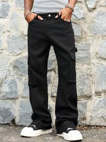 Manfinity Roghcode Men's Cargo Loose Straight Leg Jeans, Casual Versatile Denim Pants - Black - View 5