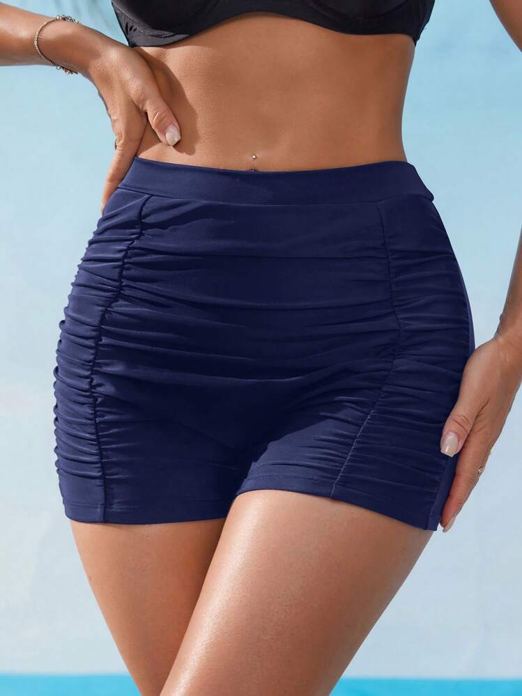 Swim Lushoire Women's Black High Waist Ruched Tummy Control Cheeky Bikini Bottom, Flattering Fit For Vacation, Beach, Spring/Summer - Navy Blue - View 8