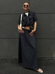 DAZY 2 件套女士夏季牛仔领短袖衬衫和长款 A 字裙，休闲学院风牛仔装 - 深色水洗藍 - 查看 6