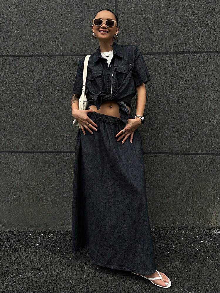 2pcs/Set Women Summer Denim Collar Short Sleeve Shirt And Long A-Line Skirt, Casual College Style Denim Outfit