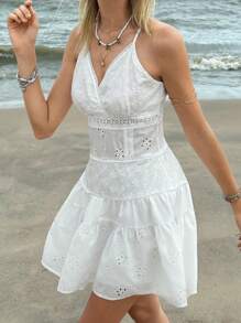 SHEIN Bubbli 2025 Vestido corto de mujer de moda con aplicaciones de encaje, vestido blanco