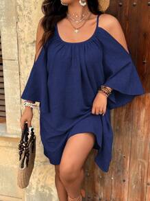 SHEIN Holidaya Große Größen Rundhalsausschnitt Geraffte Falten Split Flare 7/8 Ärmel Einfaches Casual A-Linien-Kleid Damen Kurze Kleider Sommer Damen Plus Sonnenkleid Damen Sommerkleidung Damen S Sommerkleidung Arbeitssommerkleider