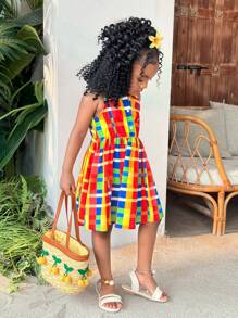 SHEIN Young Girl Casual Multicolor Plaid Sleeveless Collared Half-Button Front Dress