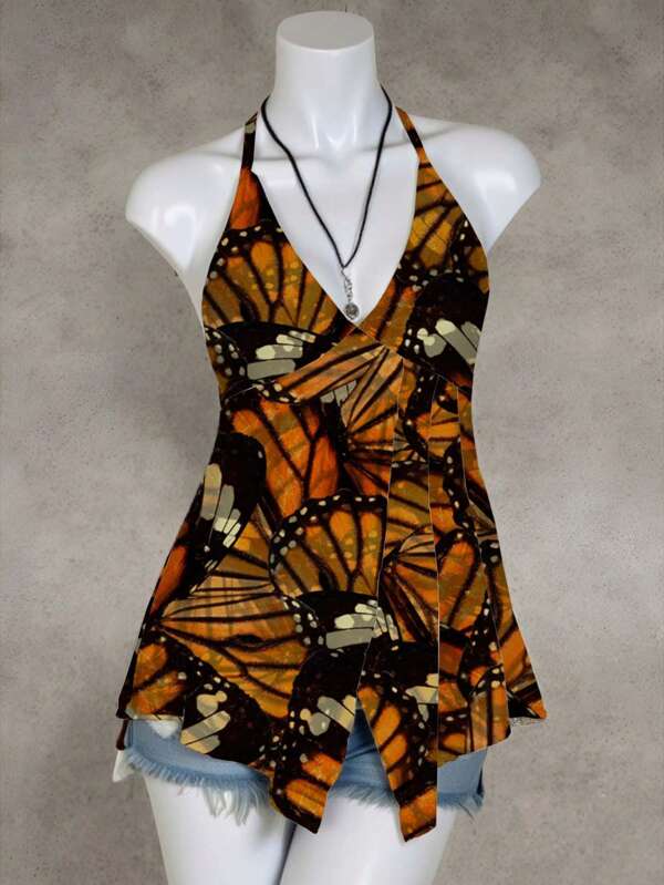 Shutterstock Top de tirantes informal con estampado de mariposa bohemio multicolor para mujer