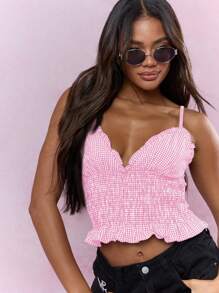 MISSGUIDED Shirred Gingham Crop Tank Top Ruffle Trim Cami Sweetheart Neckline Summer Lightweight Casual Party Festival Top - Pink - View 4