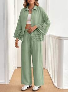 SHEIN Frenchy 2pcs Women Cotton Lace Long Sleeve Button-Front Shirt And Pants Set