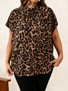 Chikora Plus Size Summer Casual Leopard Print Batwing Sleeve Shirt - Brown - View 5