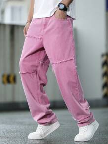Manfinity Hypemode Men's Pink Denim Jeans Casual Modern Style Long Leg Zipper Fly Streetwear Pants - Pink - View 7