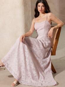 Revavyn Women's Romantic Elegant Simple Jacquard Solid Color Sleeveless Maxi Dress - Pink - View 2