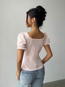 Elenzga 方领纹理蕾丝拼布蝴蝶结优雅甜美女士 T 恤，派对和节日风格/可爱夏季上衣/节日服装/夏季服装/系带前襟/荷叶边/蕾丝 - 淺粉色 - 查看 2