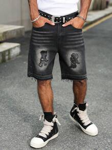 Manfinity EMRG 男士牛仔短裤，适合夏季的时尚 - 深灰色 - 查看 1