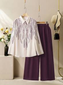 Lacomfia 2 pièces Ensemble décontracté élégant avec imprimé graphique pour femmes grandes tailles, pratique pour les navetteurs