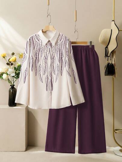 Lacomfia 2pcs Plus Size Women Elegant Graphic Print Casual Outfit Set, Commuter Friendly Fall Cloth For Women