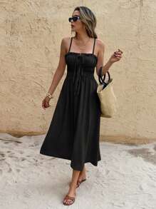 Serisse Abito midi da donna con colore unito, arricciature sulla parte anteriore, tasche e senza maniche, adatto per le vacanze