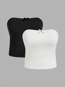 Veykashi 2pcs Plus Size Women Casual Bow Decor Cropped Top, Slim Fit, Suitable For Summer - Black and White - View 2