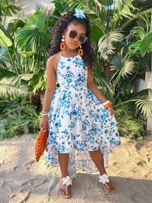 Váy hở vai cổ tròn họa tiết hoa đơn giản cho bé gái tuổi teen đi nghỉ mát - Xanh và trắng - Xem 6