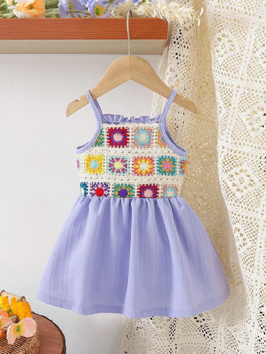 SHEIN 1 件女婴无袖编织饰边复古风格吊带裙 A 字褶裙,甜美公主休闲裙,适合度假/旅行/日常穿着,柔软舒适的蓝色面料,时尚可爱的夏季新品 - 藍色 - 查看 1