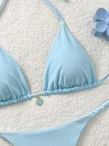Soleia 女士夏季沙滩纯色露背性感比基尼两件套泳衣套装 - 藍色 - 查看 5