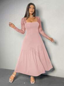 Viva Relle Plus Size Lace Sleeve Wide A-Line Solid Color Dress - Pink - View 5