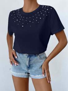 Camiseta de cuello redondo de manga corta con decoración de rhinestones para mujer