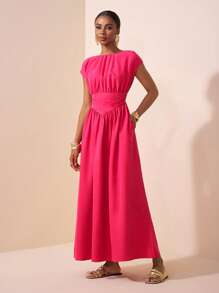 Zivah 2025 Spring/Summer New Plus Size Women Elegant Commute/Beach Vacation/Date/Party/Music Festival Co-Ord Solid Rose Red Round Neck Sleeveless Waist Splicing Pointed A-Line Ruched Maxi Dress - B Pink Long Dress Hot Pink Dress Solid Color Dress - Hot Pink - View 4