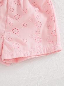 Cozy Pixies Baby Girl Embroidered Hollow Pattern Crew Neck Sleeveless Cardigan Top And Elastic Waist Shorts 2 Pieces Set Baby Girl Clothes Summer Sets 2pc Baby Girl Set Pink Set For Baby Girl Toddler Girl Summer Outfit Baby Girl Eyelet Set