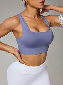 Easithlete 1pc Regular Moisture-Wicking Sports Bra, Adjustable Shoulder Strap, Basic Style, Grey-Blue - Dusty Blue - View 4