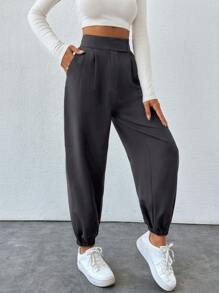 SHEIN PETITE Cone Shaped Women Suit Pants With Detailed Waist - Dark Grey - View 6