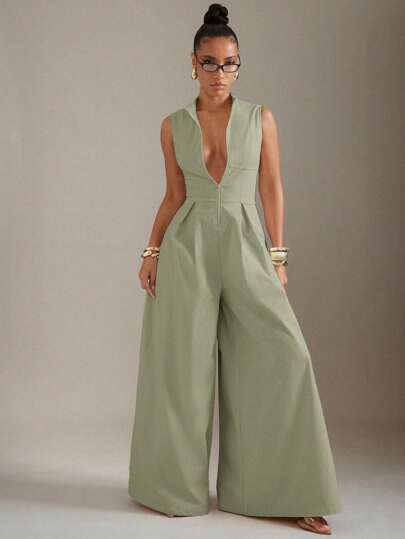 Hauture Extreme Wide Leg Zip Front Sleeveless Jumpsuit
