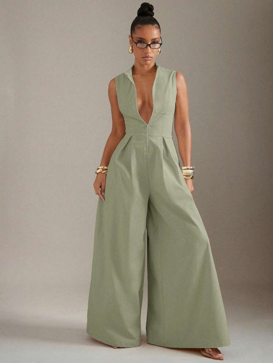 Hauture Extreme Wide Leg Zip Front Sleeveless Jumpsuit - Mint Green - View 1